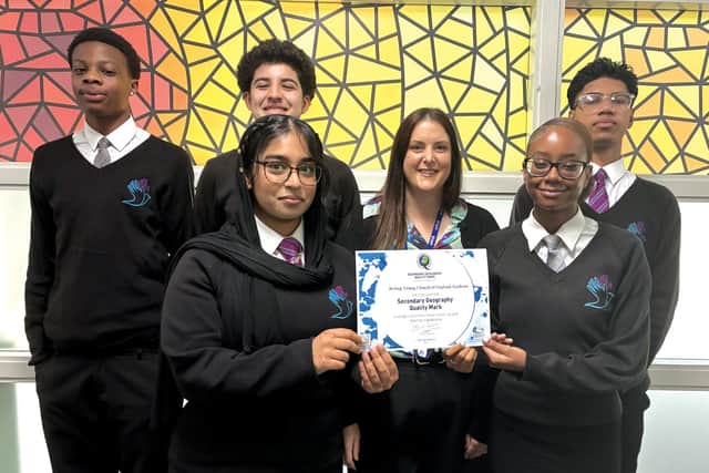 Geography students at Bishop Young CofE Academy proudly present their Geographical Association Secondary Geography Quality Mark certificate.