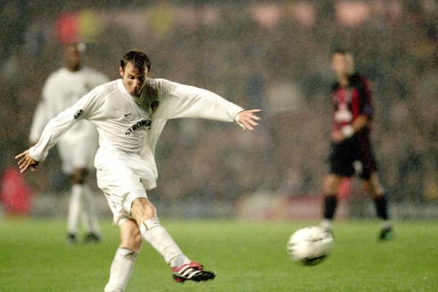 'LEGEND': Leeds United midfielder and now Charlton Athletic boss Lee Bowyer scores the winner during the UEFA Champions League match against AC Milan at Elland Road in September 2000. Picture by Laurence Griffiths /Allsport.