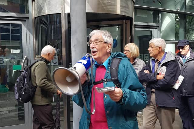 Pensioners rallying outside the BBC Leeds offices in September