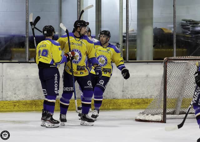 TOP COMBINATION: Radek Meidl is congratulated on his second goal against Bracknell Bees by James Archer, right and Adam Barnes.  Picture courtesy of Kevin Slyfield.