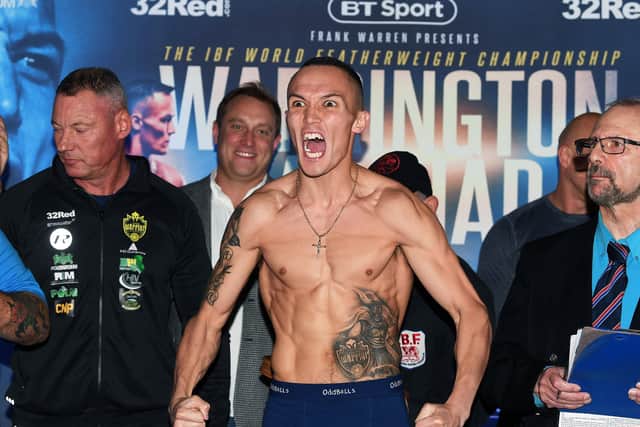 MAKE THE WEIGHT: Josh Warrington weighs in at Leeds City Museum in June this year ahead of his fight with Kid Galahad.
 Picture: Jonathan Gawthorpe