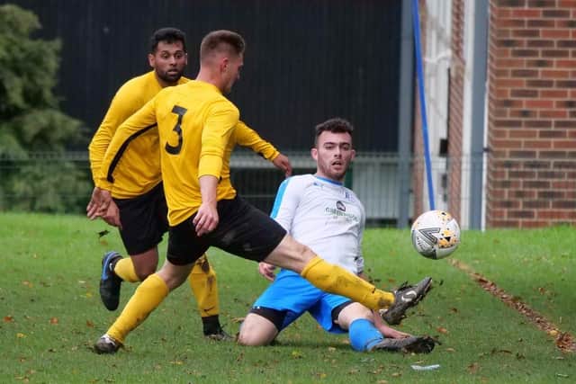 Action from the West Riding County Challenge Trophy  between Junction Reserves and Leeds City. It finished 3-3 with City winning 5-4 on penalties. Picture: Chris Stratford.