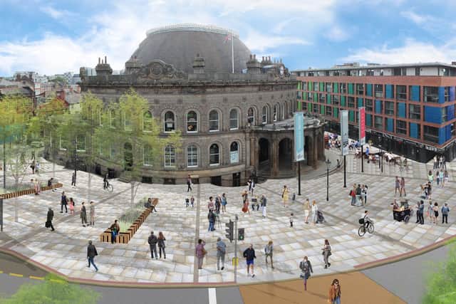 Artist's impression of what the Corn Exchange could look like under updated plans to pedestrianise areas of Leeds city centre
