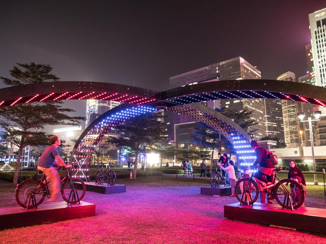Lightbattle X, Briggate. Take part in a unique light cycling challenge. By pedalling hard, participants will push their own beam of light to the middle as fast as possible in an attempt to defeat their opponents.