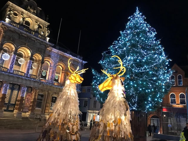 Ghost Caribou, Granary Wharf. Giant illuminated creatures, part caribou, part spirit, roam a mystical world after dark. With music, song & shadow puppets they tell stories of lost homes, impossible migrations & seeds of hope.