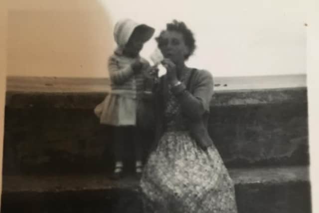 Clare Gill's mum Elizabeth pictured as a little girl at Bridlington with her mum Margaret Hood, who she shared her birthday with.