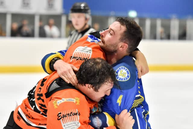 TOUGH ROLE: Leeds Chiefs player-coach Sam Zajac gets to grips with the dual role against Telford Tigers. 
Picture courtesy of Steve Brodie