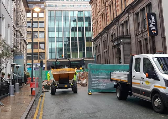 Construction work has started on Greek Street as part of a 400k redevelopment, funded by Leeds City Council and local businesses.