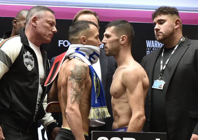 Josh Warrington weighs in at Leeds Corn Exchange for the Sofiane Takoucht fight at the First Direct Leeds Arean on Saturday. PIC: Steve Riding