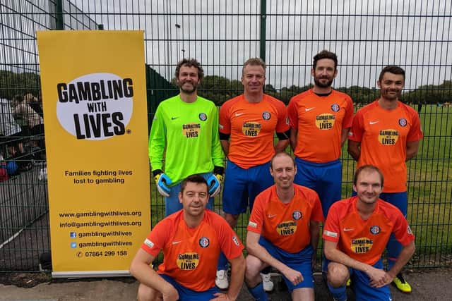 Headingley AFC in their Gambling With Lives charity shirts, in tribute to Lewis Keogh
