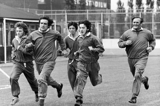 Don Revie in training with Leeds United players in 1972.