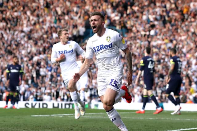 MAGIC MOMENT: Leeds United's Stuart Dallas celebrates scoring against Derby County in last year's play-off semi-final second leg, although the night was to end in misery. Picture: Nick Potts/PA.