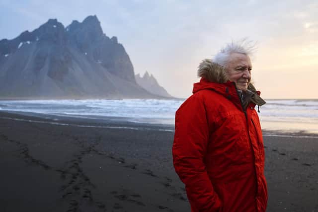 BBC handout photo of Sir David Attenborough on location filming Seven Worlds, One Planet on Stokksnes beach in Iceland.