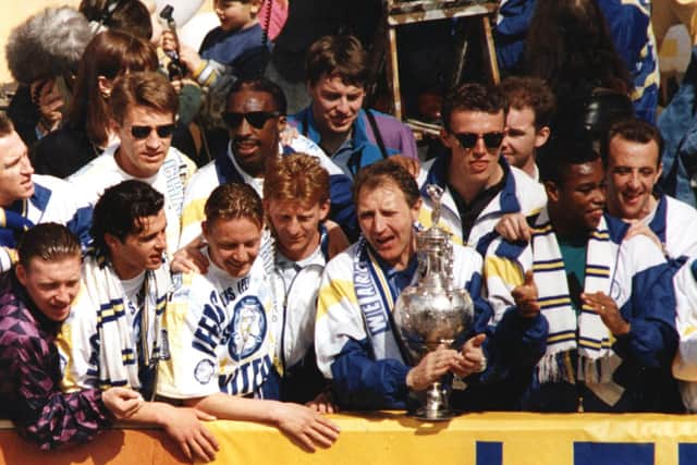 Howard Wilkinson and his Leeds United team with the 1992 Division One trophy