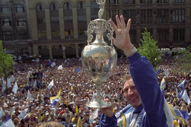 Howard Wilkinson, with the Division One trophy in Leeds city centre in 1992.