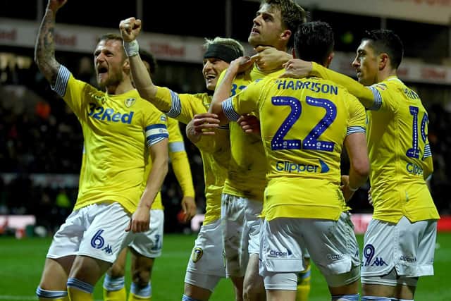 BACK IN THE AUTOS: Patrick Bamford and his Leeds United team-mates celebrate the forward's opening strike in last April's 2-0 win at Deepdale. Photo by Gareth Copley/Getty Images.
