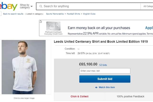 Bids of more than 65,000 on a Leeds United limited edition centenary shirt and book on eBay