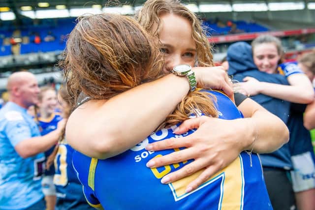 Lois Forsell celebrates with Courtney Hill after Leeds Rhinos' Challenge Cup victory over Castleford Tigers this year.