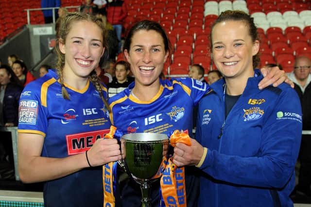 Lois Forsell, right, with Caitlin Beevers and Courtney Hill after Leeds Rhinos' Grand Final victory over Castleford Tigers earlier this month.