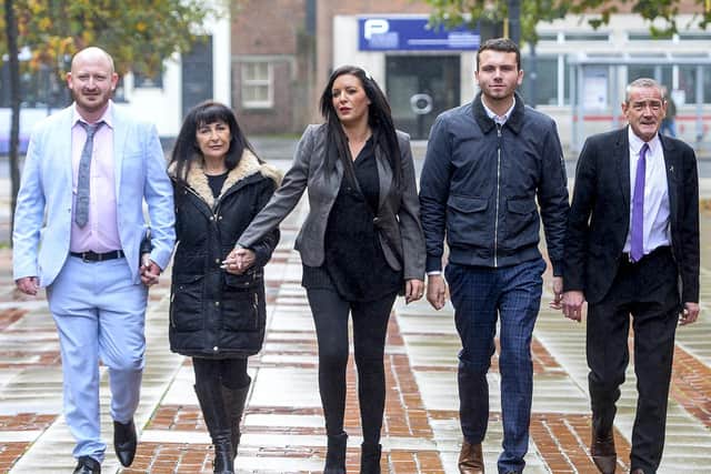 On trial: Jordan Plain, Christine James-Roberts, Kelly Meadows, Jordan McDonald and Dean Walls outside Leeds Crown Court