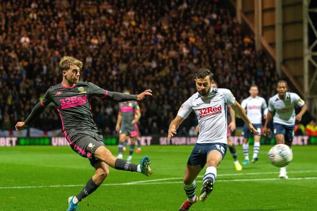 Patrick Bamford fires in a shot against Preston North End.