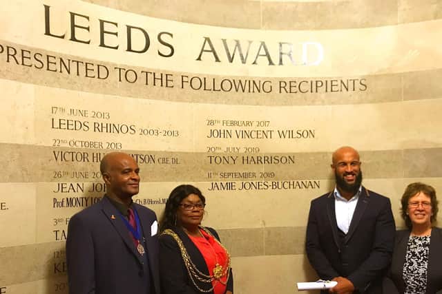 Jamie Jones-Buchanan (third from left)  pictured after receiving his award with (from left) Lord Mayors Consort Audley Taylor, the Lord Mayor of Leeds Coun Eileen Taylor, and Leeds City Council leader Coun Judith Blake.