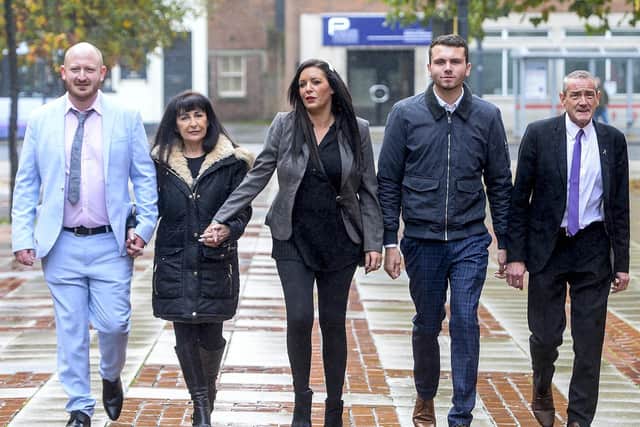 Jordan Plain, 25, Christine James-Roberts, 43, Kelly Meadows, 39, Jordan McDonald, 18 and Dean Walls, 51, all members of a paedophile hunting group arrive at Leeds Crown Court for the beginning of a trial into charges including false imprisonment