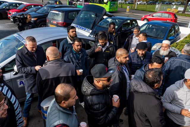 Taxi drivers gathered outside Elland Road Police Station, Leeds, to protest about the increase danger of attacks on drivers by youths