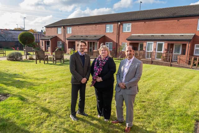 Pictured (left to right) Cllr Paul Wray, Sue Hewitt, Development Manager for St Peter's Court sheltered housing complex, and Cllr Mohammed Iqbal, Chair of West Yorkshire Police & Crime Panel in the gardens that residents are proud of.