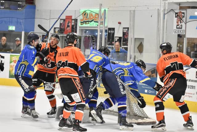 WE MEET AGAIN: The Leeds Chiefs' goal comes under threat from Telford Tigers on their last visit there in September. Picture courtesy of Steve Brodie.