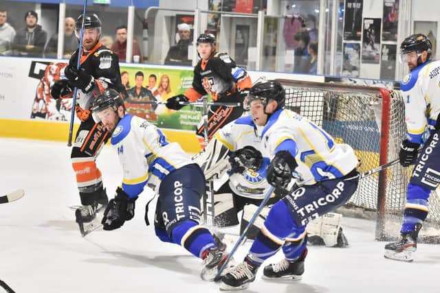 BATTLING HARD: Luke Boothroyd defends the Leeds Chiefs's goal during a 5-3 defeat at second-placed Telford Tigers on Saturday, a game he feels they deserved at least a point from until two goals in the last three minutes for the home side. Picture courtesy of Steve Brodie.
