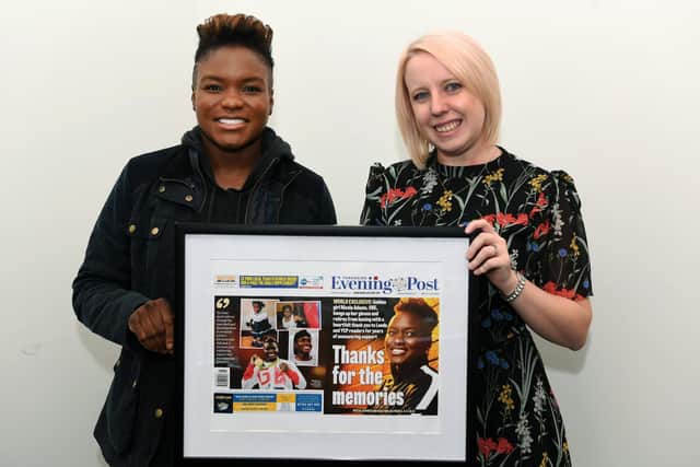 Nicola Adams and Yorkshire Evening Post editor Laura Collins, with yesterday's front page, 6 November, 2019. Photo by Jonathan Gawthorpe.