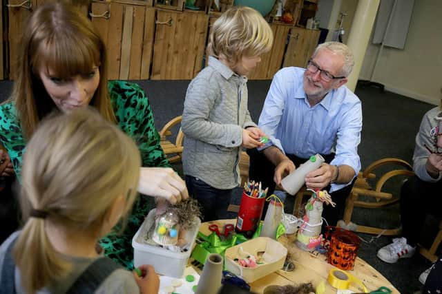 Labour leader Jeremy Corbyn and Shadow Education Secretary Angela Rayner (left) during a visit to the Scrap Creative Reuse Arts Project in Farsley, while on the General Election campaign trail in Leeds. Picture: Nigel Roddis/PA Wire