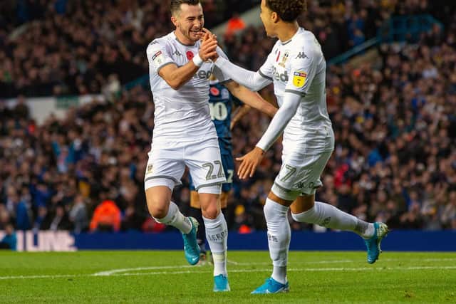 Jack Harrison celebrating the second, which put Leeds in the driving seat (Pic: Bruce Rollinson)