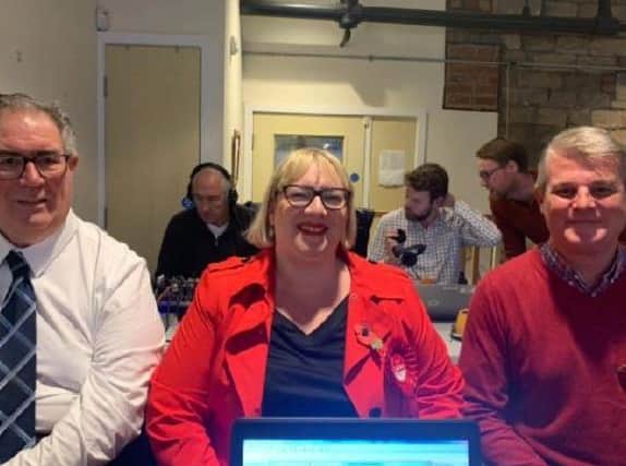 Pudsey election candidates, from left to right, Ian Dowling (Lib Dem), Jane Aitchison (Labour) and Stuart Andrew (Conservative). Photo: BBC Radio 5 Live