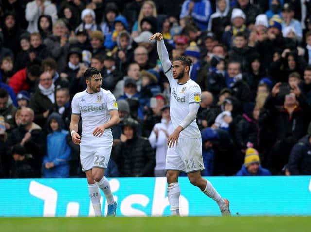HANDY RETURN: The re-emergence of Tyler Roberts, right, has been a big boost for Leeds United and head coach Marcelo Bielsa. The forward is pictured celebrating his recent strike against Queens Park Rangers alongside Jack Harrison. Picture by Simon Hulme.