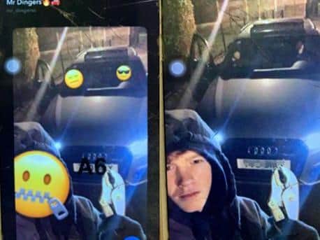 Online boast: Allworks face was obscured with an emoji when the picture of him beside a stolen Audi appeared online. Police found the original unedited image of him when they seized one of his accomplices phones.