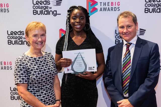 Julia Evans (Chair, Board of Governors), Erneliana Daniel (student and Governors award-winner), and Derek Whitehead (Principal) at the recent Leeds College of Building annual BIG Awards.