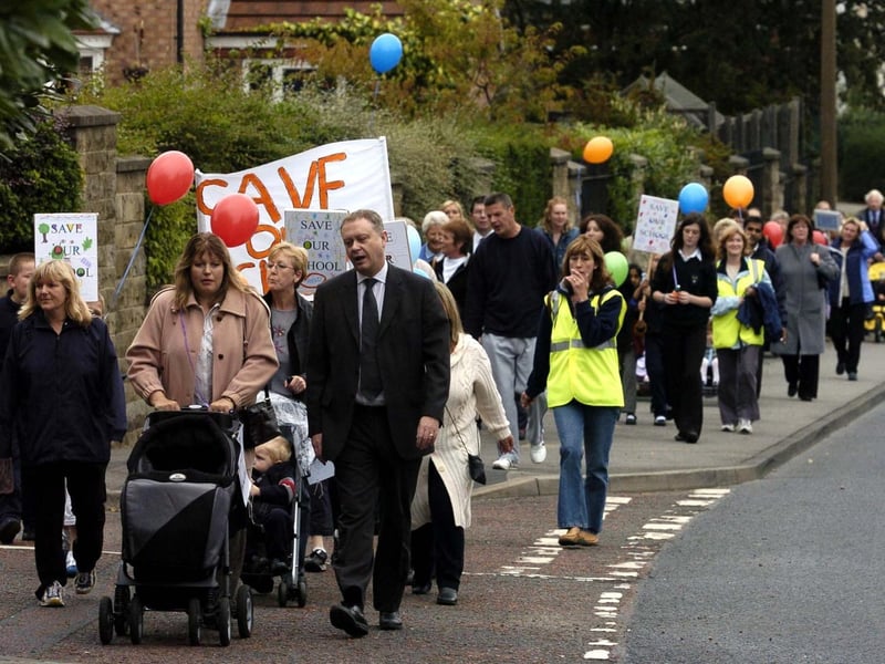 September 2004 and pupils and parents from Rodley Primary march in protest against the proposed closure of the school.