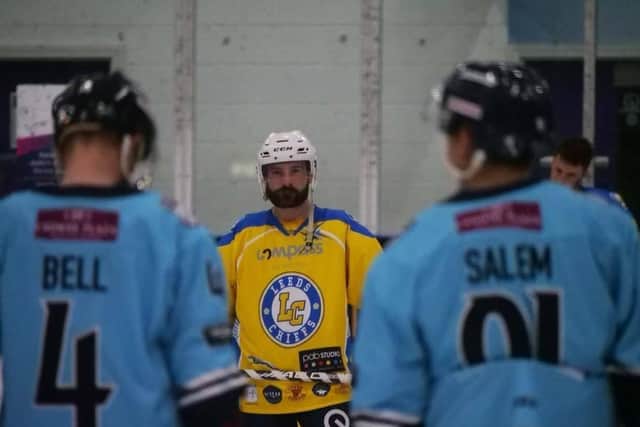 READY FOR ACTION: Sam Zajac 
lines up against Sheffield Steeldogs on the opening day of the NIOHL National season. Picture: Chris Stratford