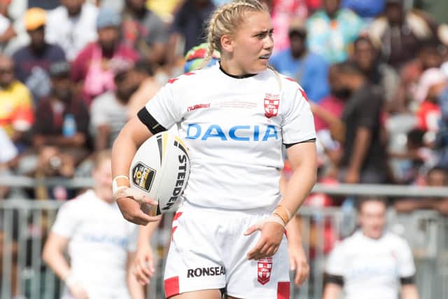 Castleford's Sinead Peach in action for England against Papua New Guinea.