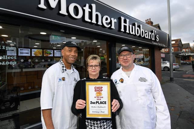 Yorkshire Evening Post Chip Shop of the Year 2019, second place runner up Mother Hubbard's in Harehills. From left Jerry Jarrett, Julie Oxley and Steve Keighley.
Picture by Jonathan Gawthorpe