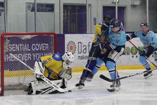 NOT THIS TIME: Sheffield Steeldogs' Kieran Brown is denied by Leeds Chiefs' netminder, Sam Gospel. Picture courtesy of Cerys Molloy.