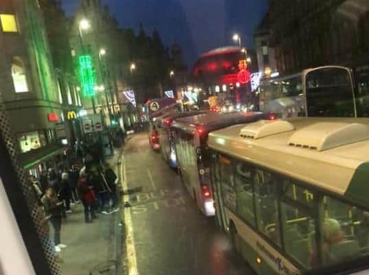 There was traffic chaos across the city centre with delays of up to 40 minutes during peak times