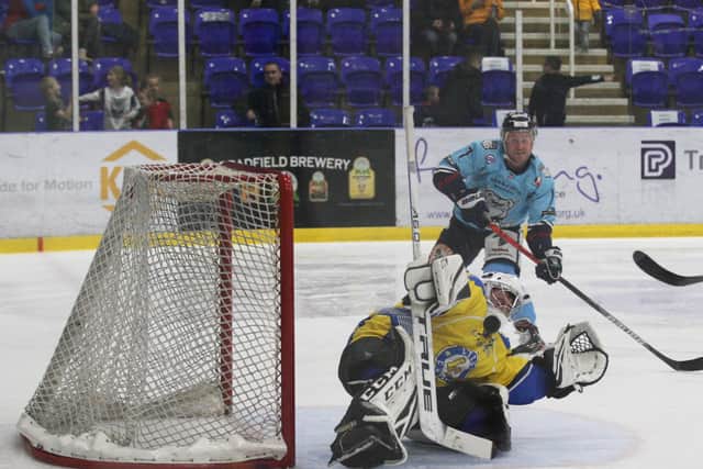 NOT THIS TIME: Sam Gospel gets across to stop a Sheffield Steelers' effort going in. Picture courtesy of Cerys Mollouy