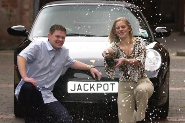 Sarah and AldanIbbetson pictured after winning the 3m jackpot in 2002