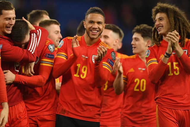 MADE IT: Leeds United forward Tyler Roberts, centre, celebrates Wales' passage to Euro 2020 after their 2-0 win at home to Hungary. Photo by Harry Trump/Getty Images.