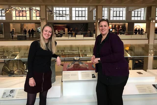 Paediatric radiotherapy specialists Lobke Marsden (left) and Clare Jobe with the masks at the British Science Museum. Picture courtesy of Leeds Children's Hospital