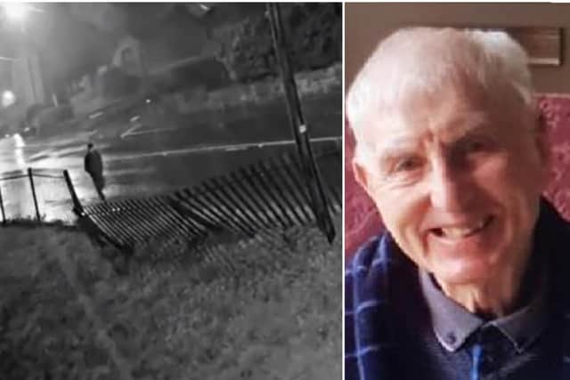 Footage has captured Colin Vasey, 81, walking down Leeds Road in Dewsbury in the pouring rain