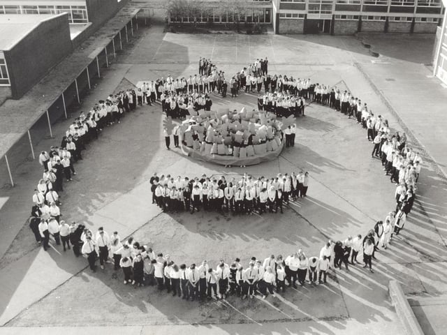Matthew Murray pupils form a giant Comic Relief face in the playground.